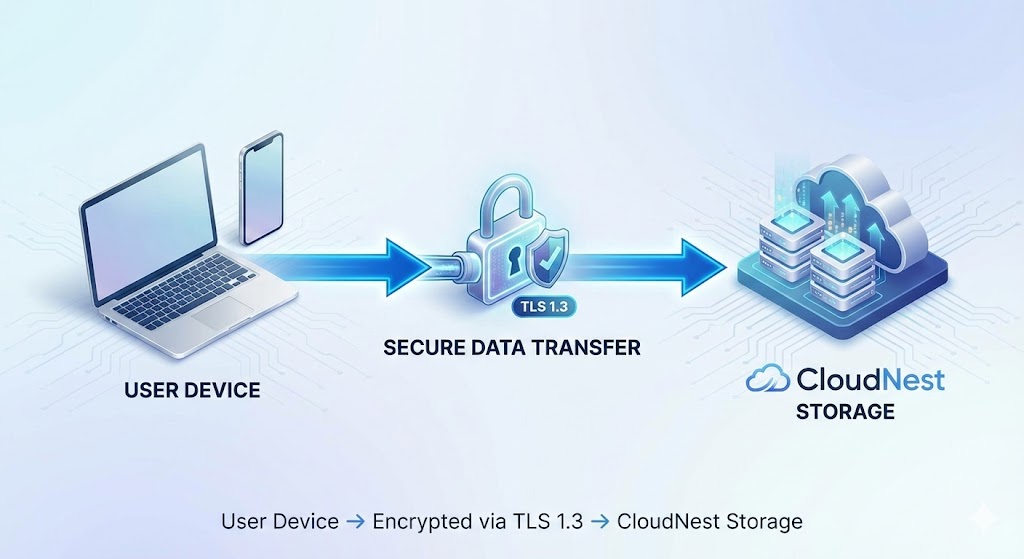 Encryption Flow Diagram showing User connecting via TLS 1.3 Encrypted channel to CloudNest